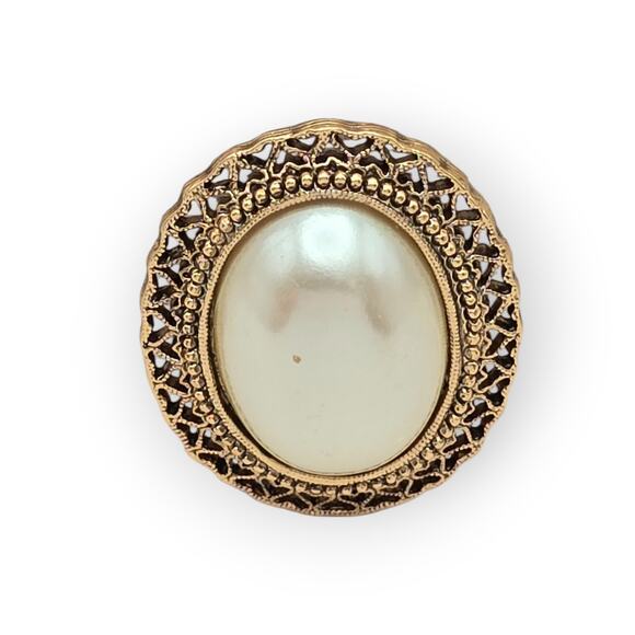 Pearl Oval Cabochon Filigree Brooch – 1928 Brand – Vintage Victorian Pin - Picture 7 of 8